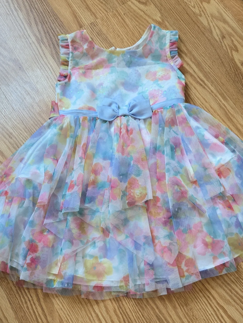 Pastel Watercolor Floral Tulle Bow Party Dress